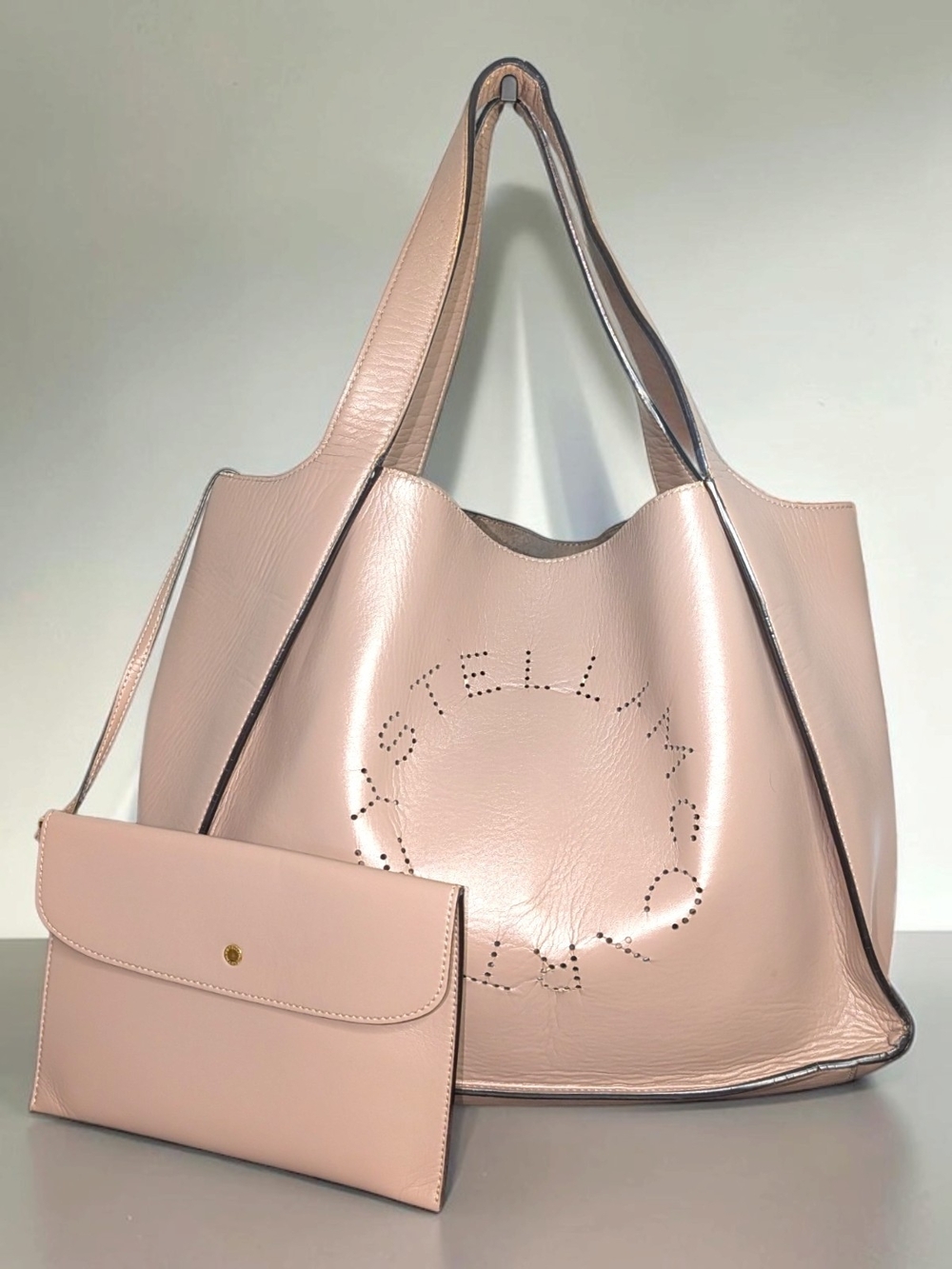 Stella McCartney Large Perforated Logo Taupe Shoulder Bag
